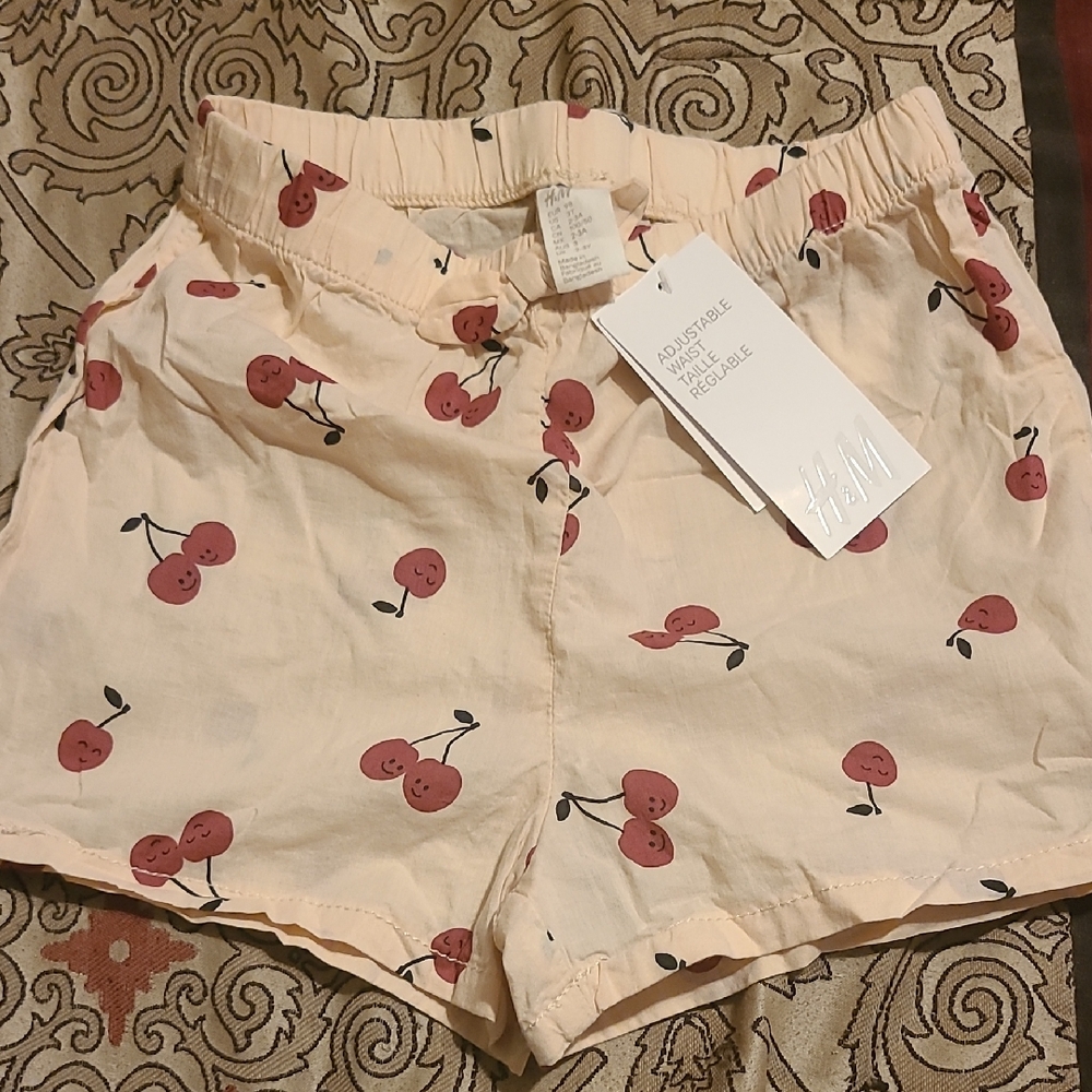 H&M High Waist Cream and Red Cherry Print Shorts